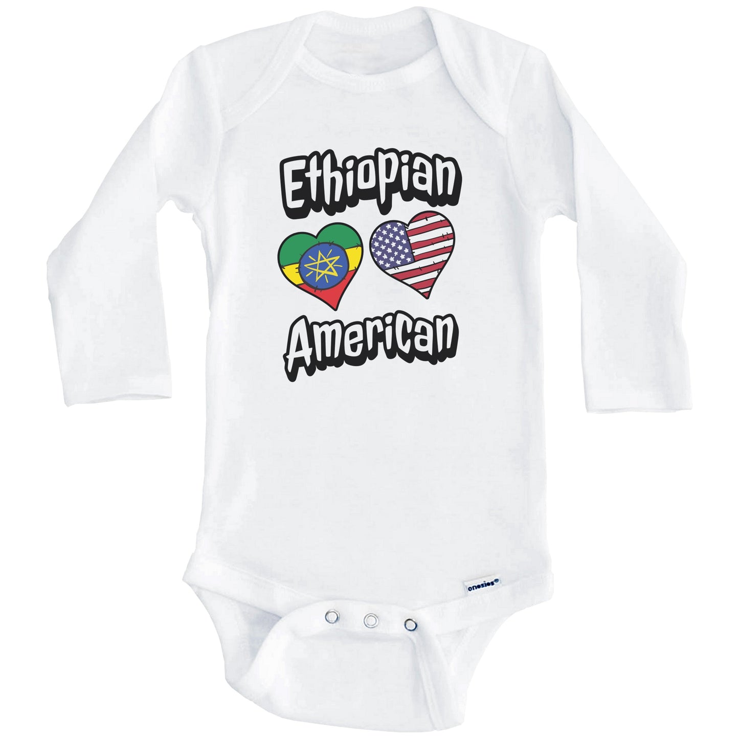 Ethiopian American Flag Hearts Combo Ethiopia Baby Bodysuit (Long Sleeves)
