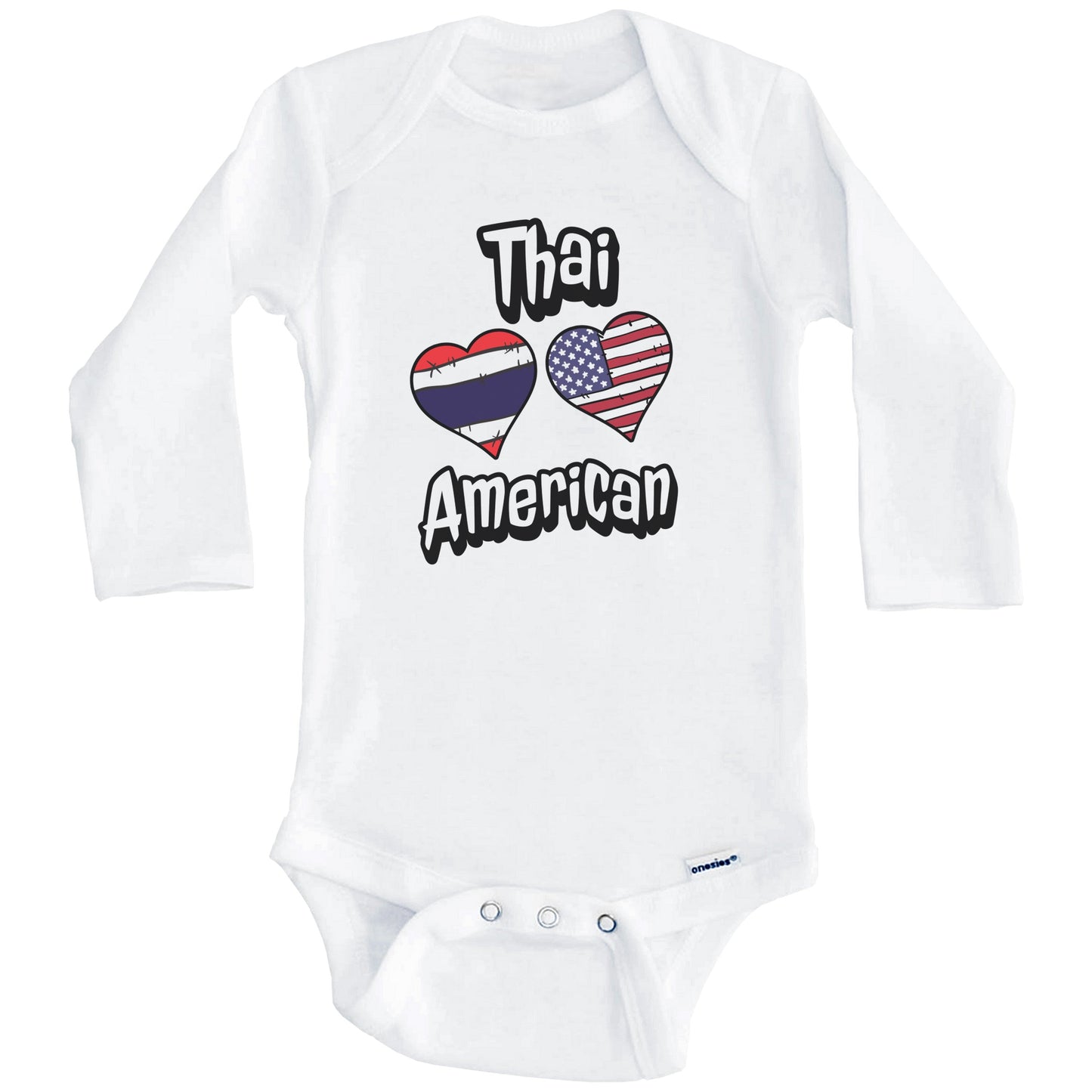 Thai American Flag Hearts Combo Thailand Baby Bodysuit (Long Sleeves)