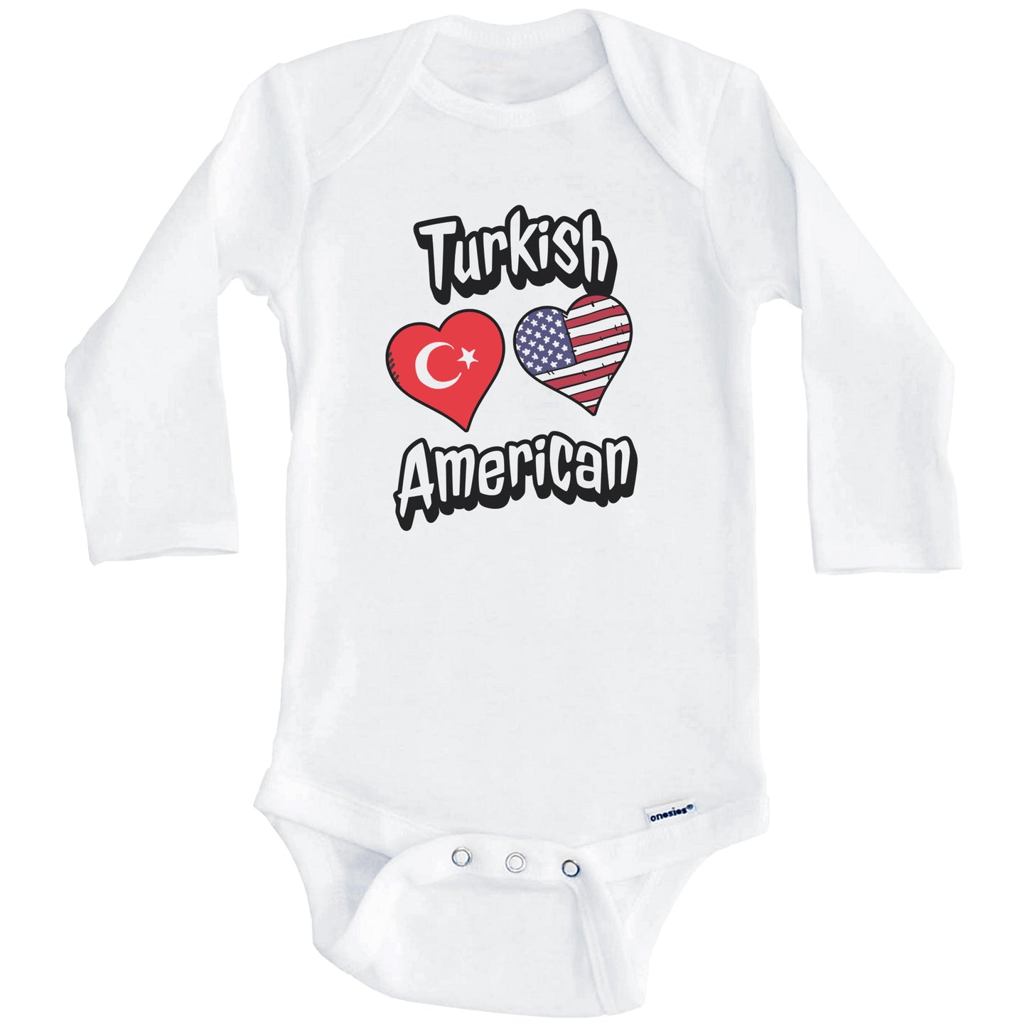 Turkish American Flag Hearts Combo Turkey Baby Bodysuit (Long Sleeves)