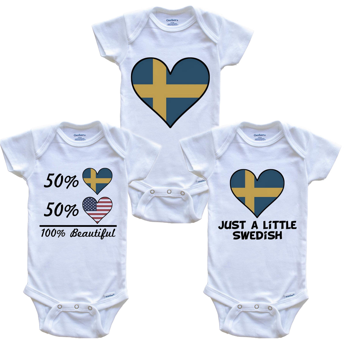 Swedish American Heart Flag Baby Bodysuit Bundle (3 Piece Set)