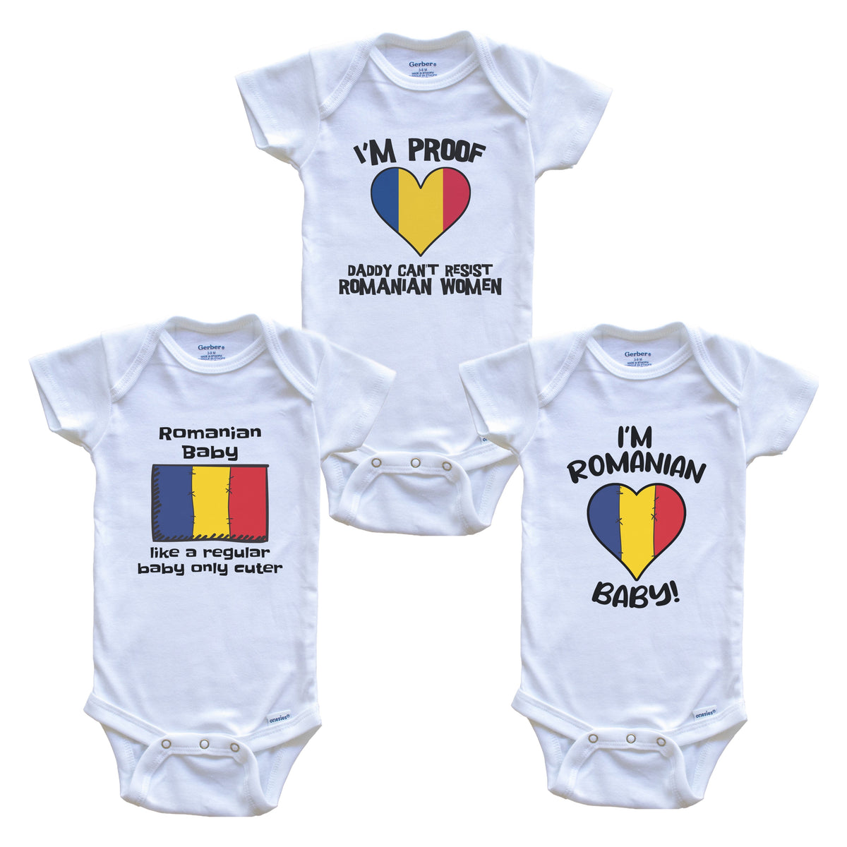Mom is Romanian Baby Bodysuits Funny Romania Flag 3 Piece Gift Set