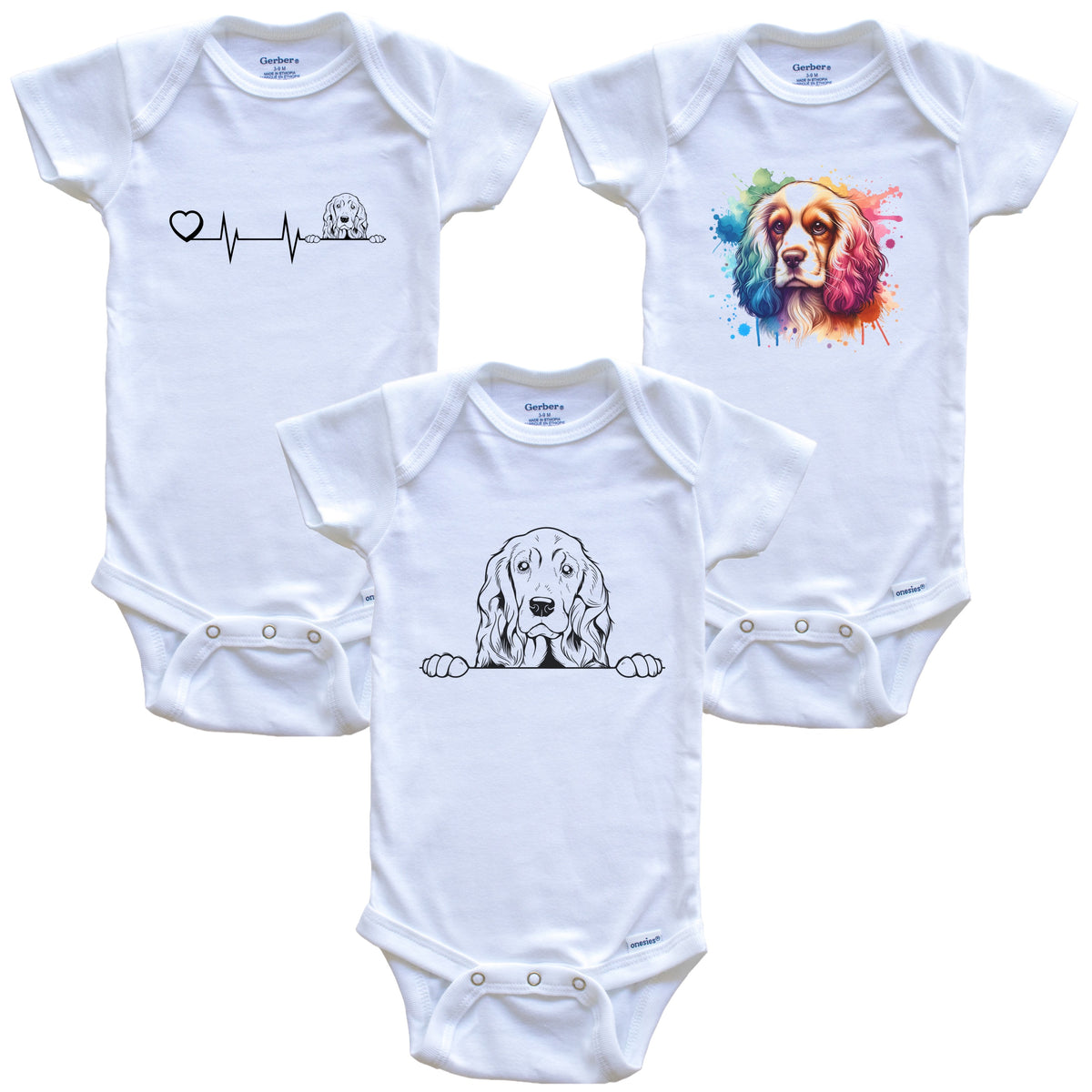 Cocker Spaniel Baby Bodysuits - Cute Dog Breed 3 Piece Gift Set