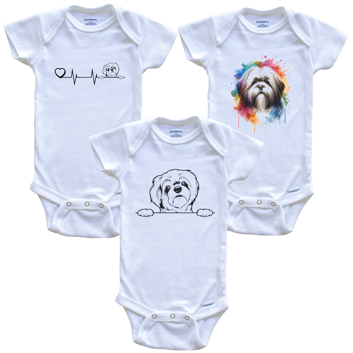 Lhasa Apso Baby Bodysuits - Cute Dog Breed 3 Piece Gift Set