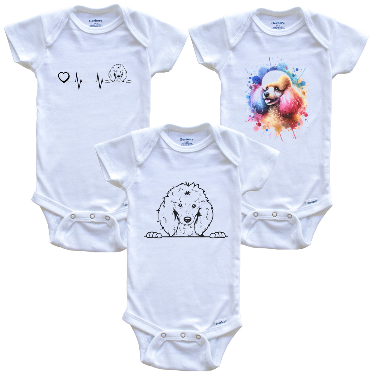 Poodle Baby Bodysuits - Cute Dog Breed 3 Piece Gift Set
