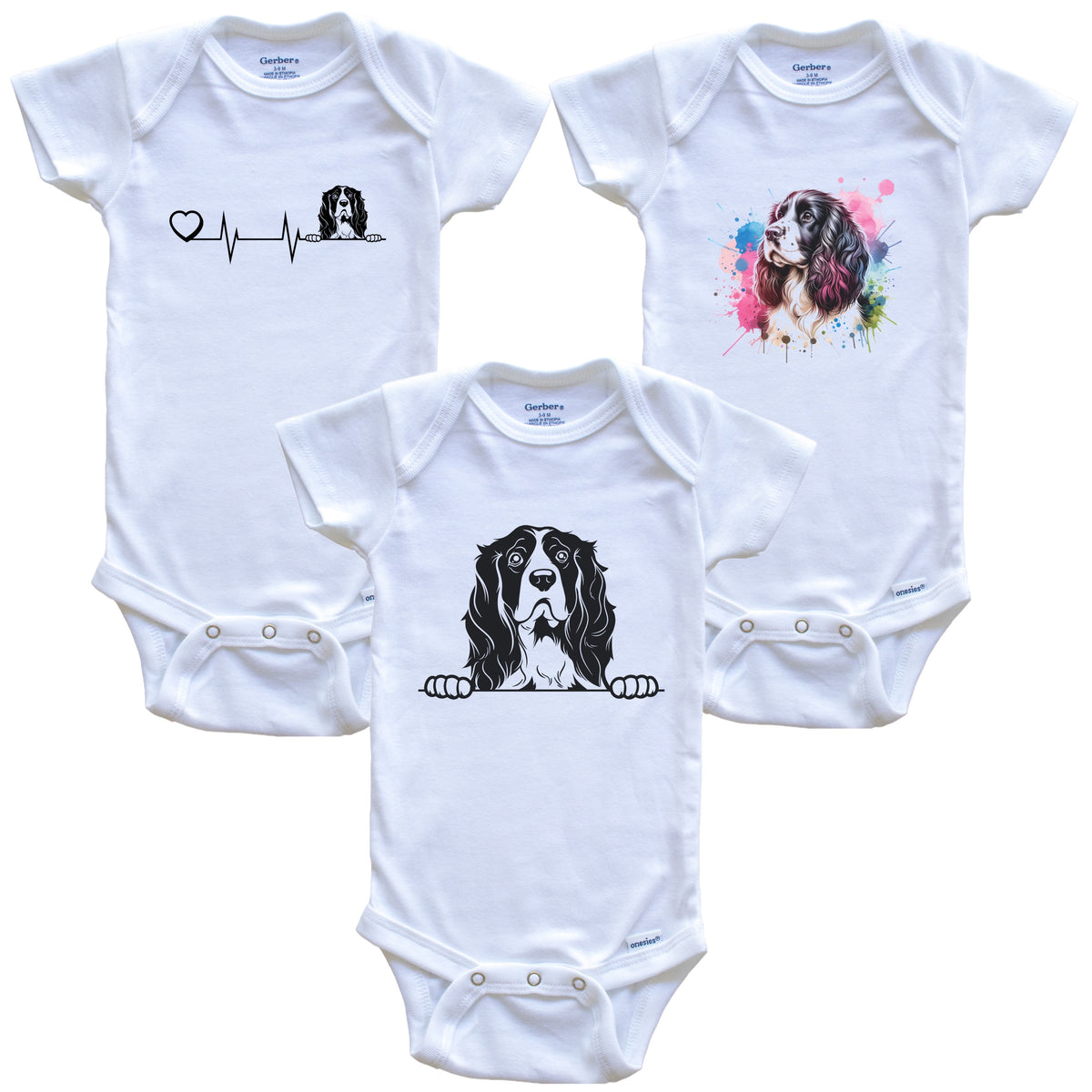 Springer Spaniel Baby Bodysuits - Cute Dog Breed 3 Piece Gift Set