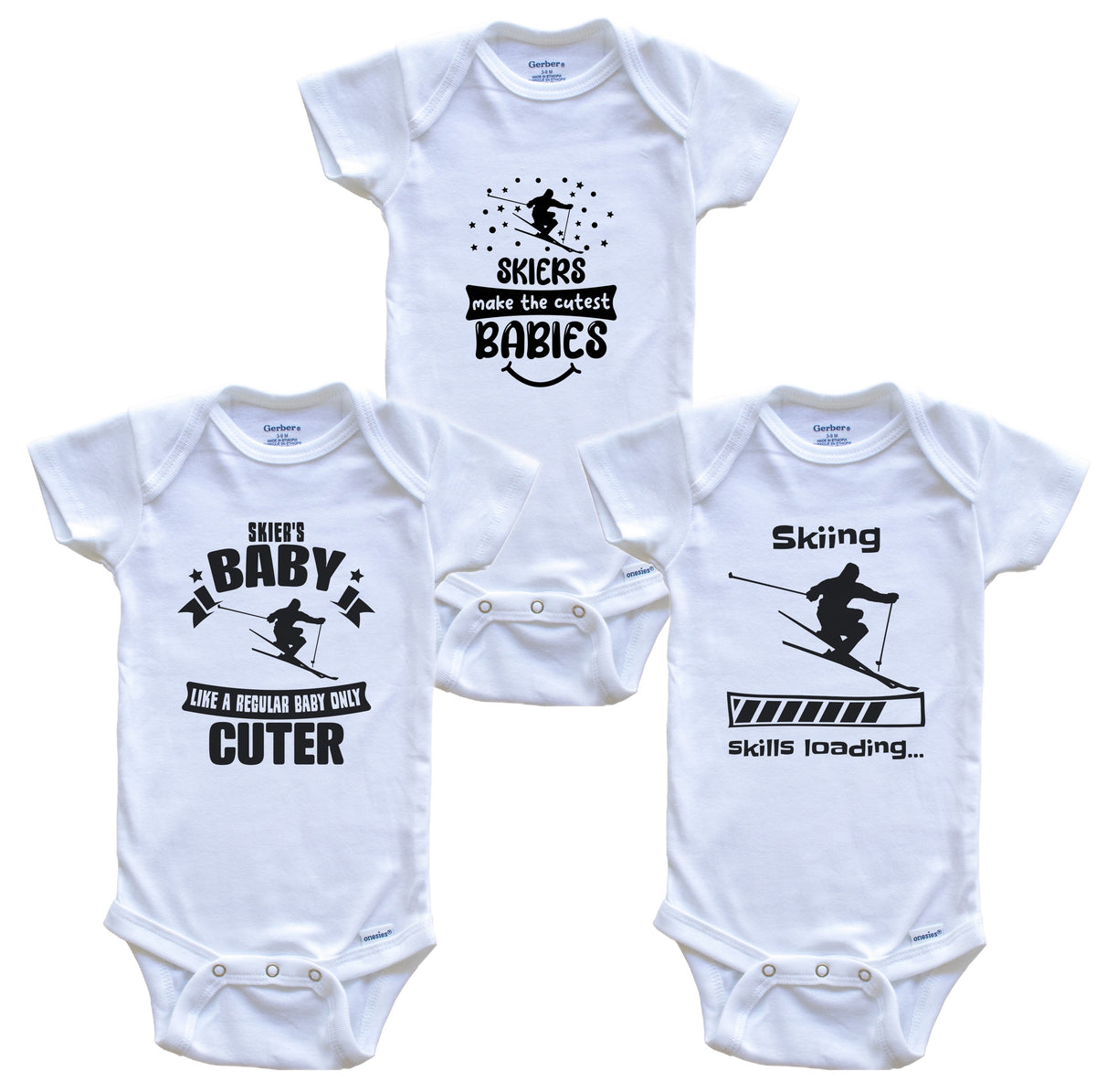 Skiing Skier Funny Cute Baby Bodysuit Bundle (3 Piece Set)