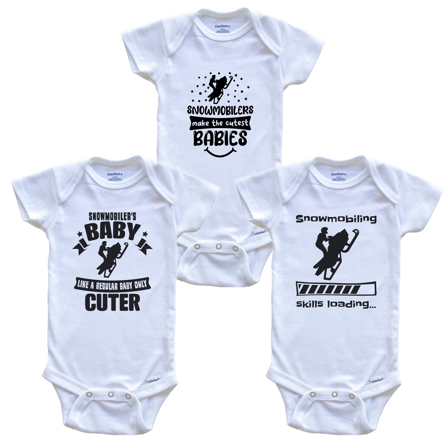 Snowmobiling Snowmobiler Funny Cute Baby Bodysuit Bundle (3 Piece Set)