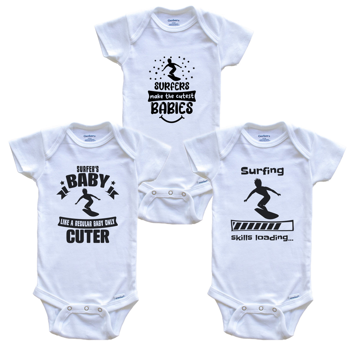Surfing Surfer Funny Cute Baby Bodysuit Bundle (3 Piece Set)