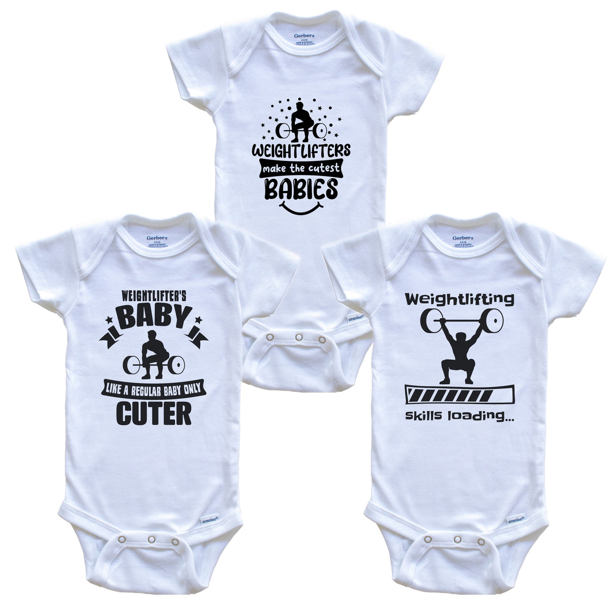 Weightlifting Weightlifter Funny Cute Baby Bodysuit Bundle (3 Piece Set)