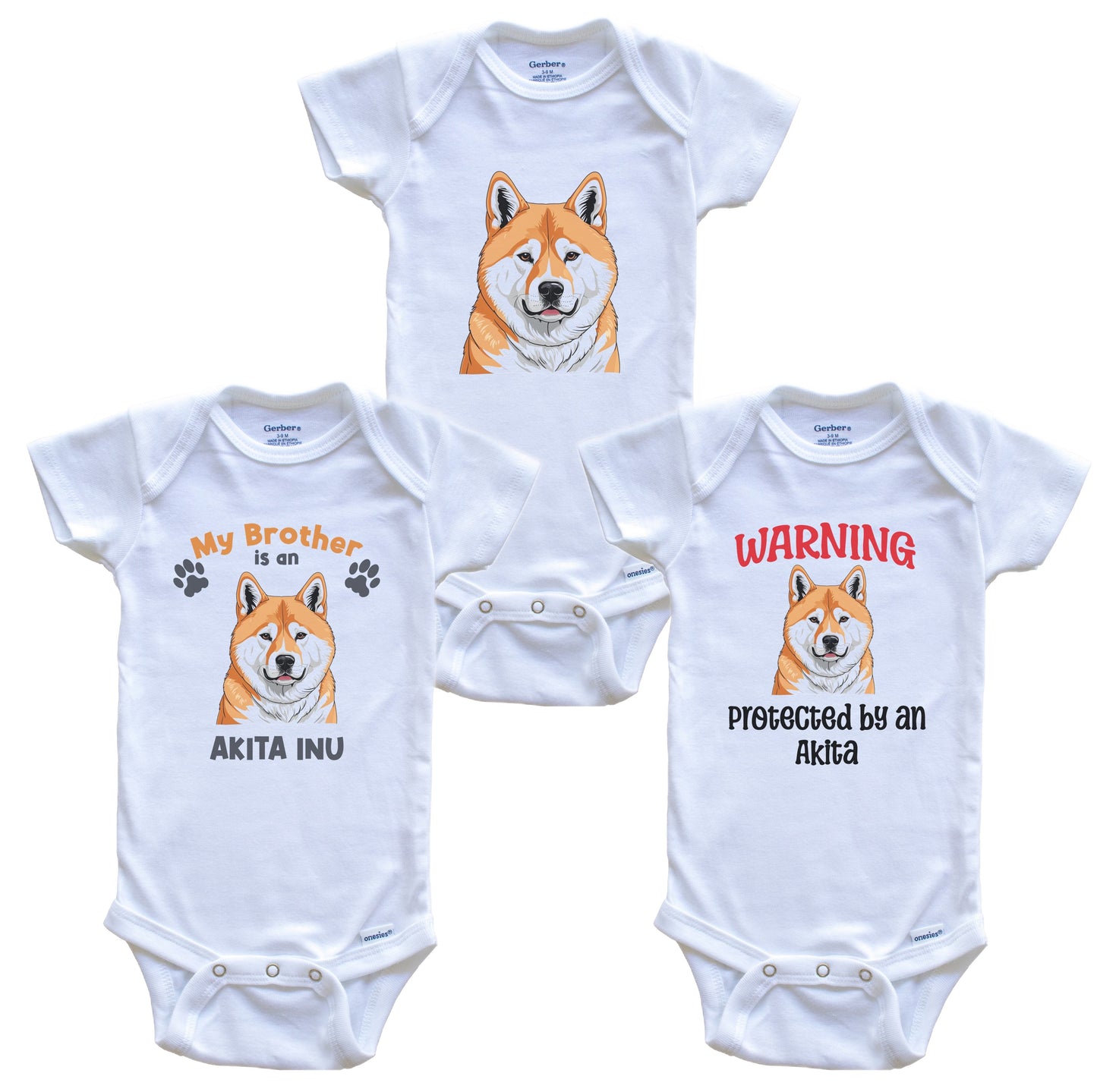 Brother is an Akita Inu Funny Dog Breed Baby Bodysuit Bundle (3 Piece Set)