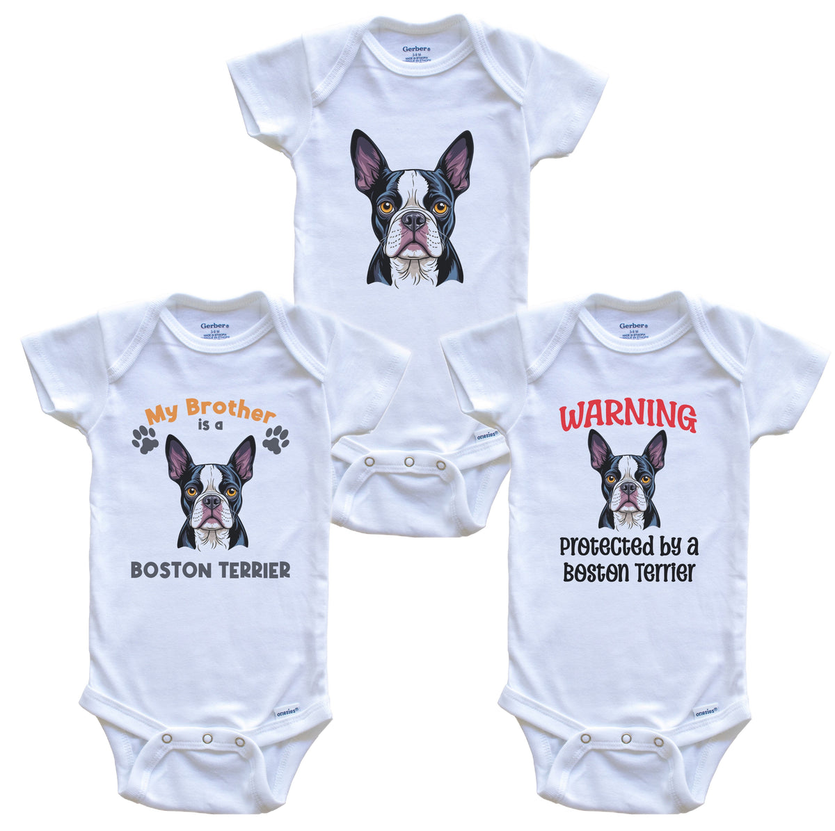 Brother is a Boston Terrier Funny Dog Breed Baby Bodysuit Bundle (3 Piece Set)