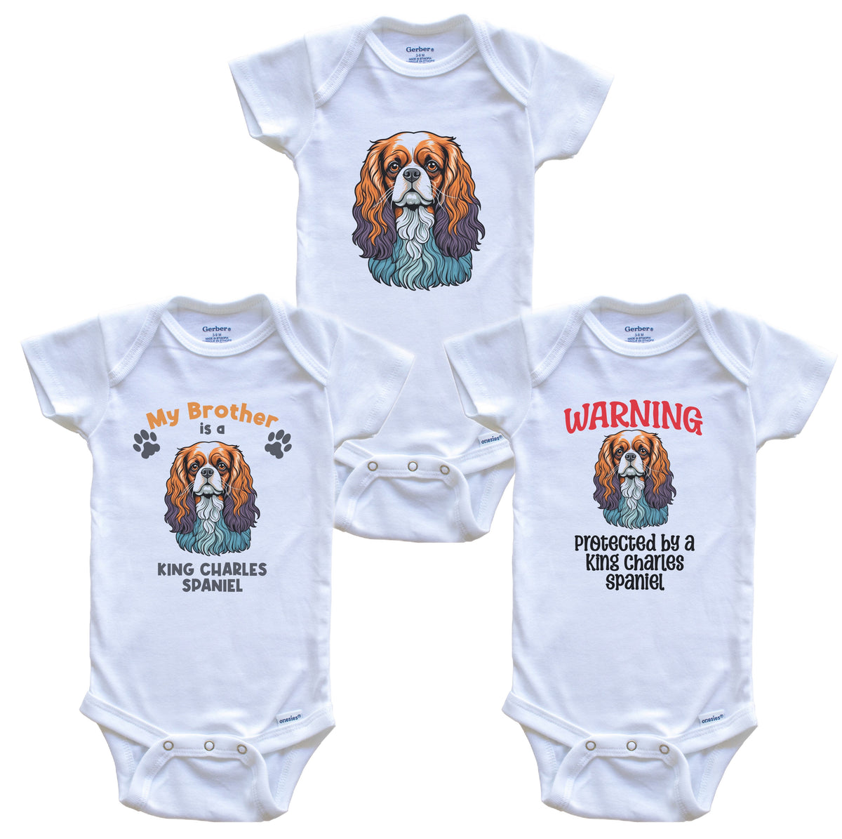 Brother is a King Charles Spaniel Funny Dog Breed Baby Bodysuit Bundle (3 Piece Set)