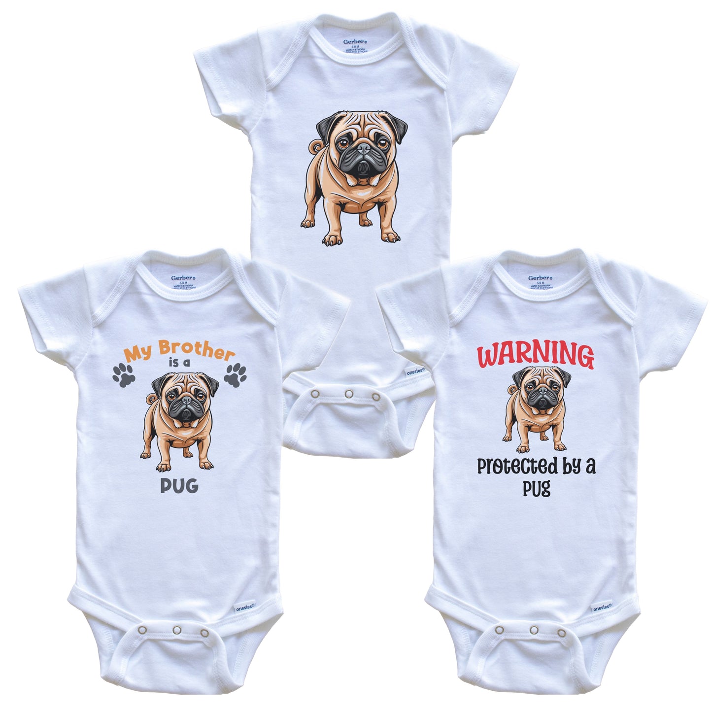 Brother is a Pug Funny Dog Breed Baby Bodysuit Bundle (3 Piece Set)