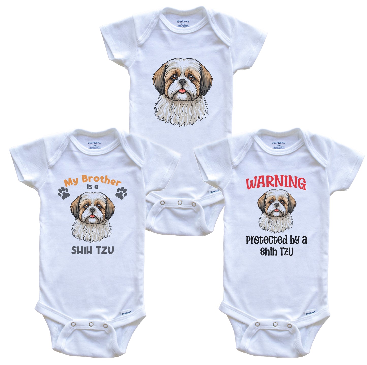 Brother is a Shih Tzu Funny Dog Breed Baby Bodysuit Bundle (3 Piece Set)