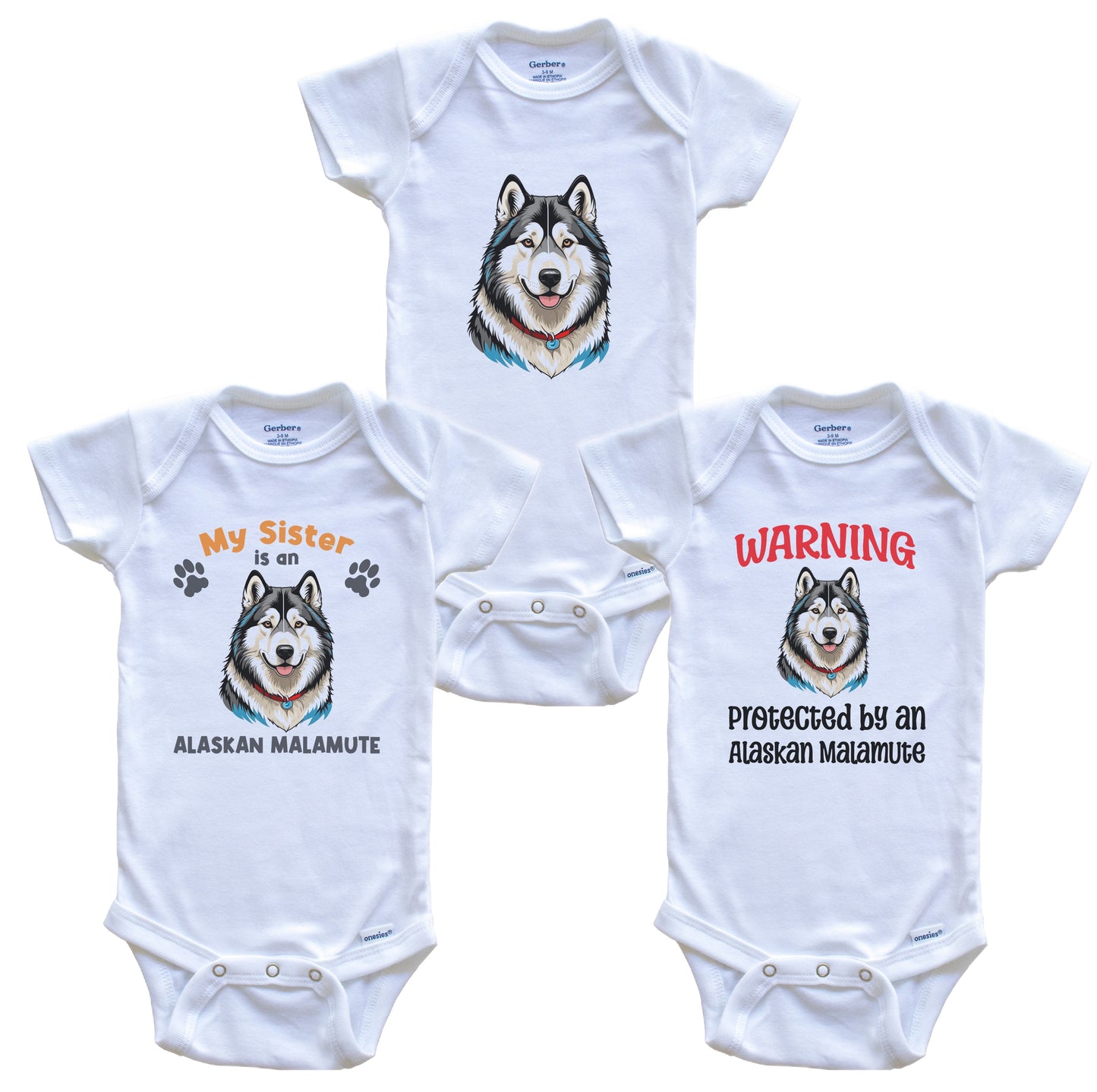 Sister is an Alaskan Malamute Funny Dog Breed Baby Bodysuit Bundle (3 Piece Set)