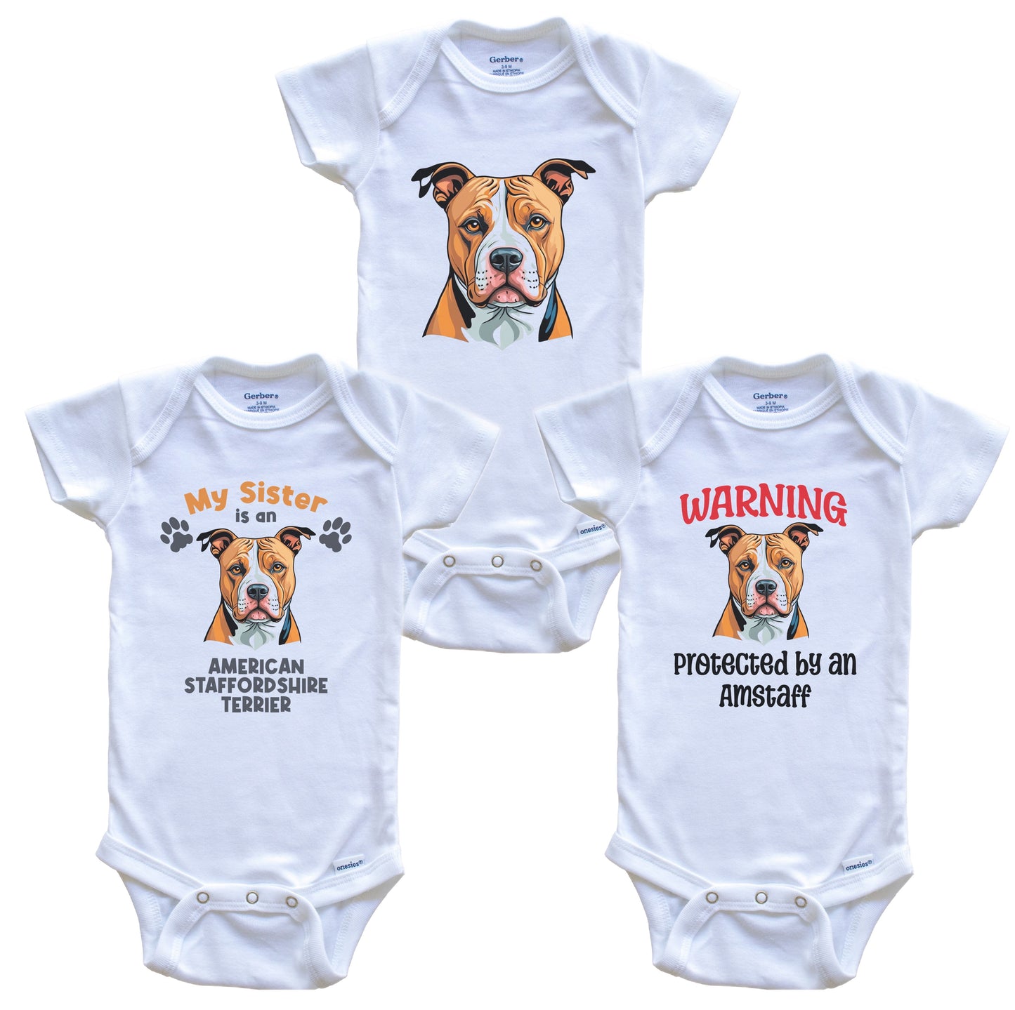 Sister is an American Staffordshire Terrier Funny Dog Breed Baby Bodysuit Bundle (3 Piece Set)