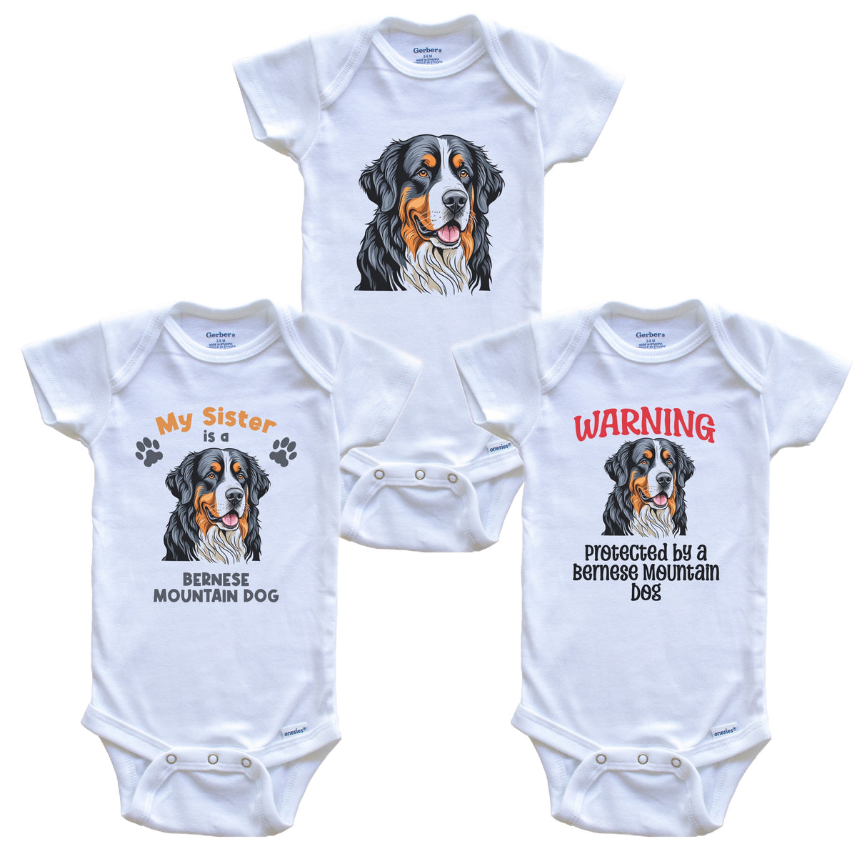 Sister is a Bernese Mountain Dog Funny Dog Breed Baby Bodysuit Bundle (3 Piece Set)