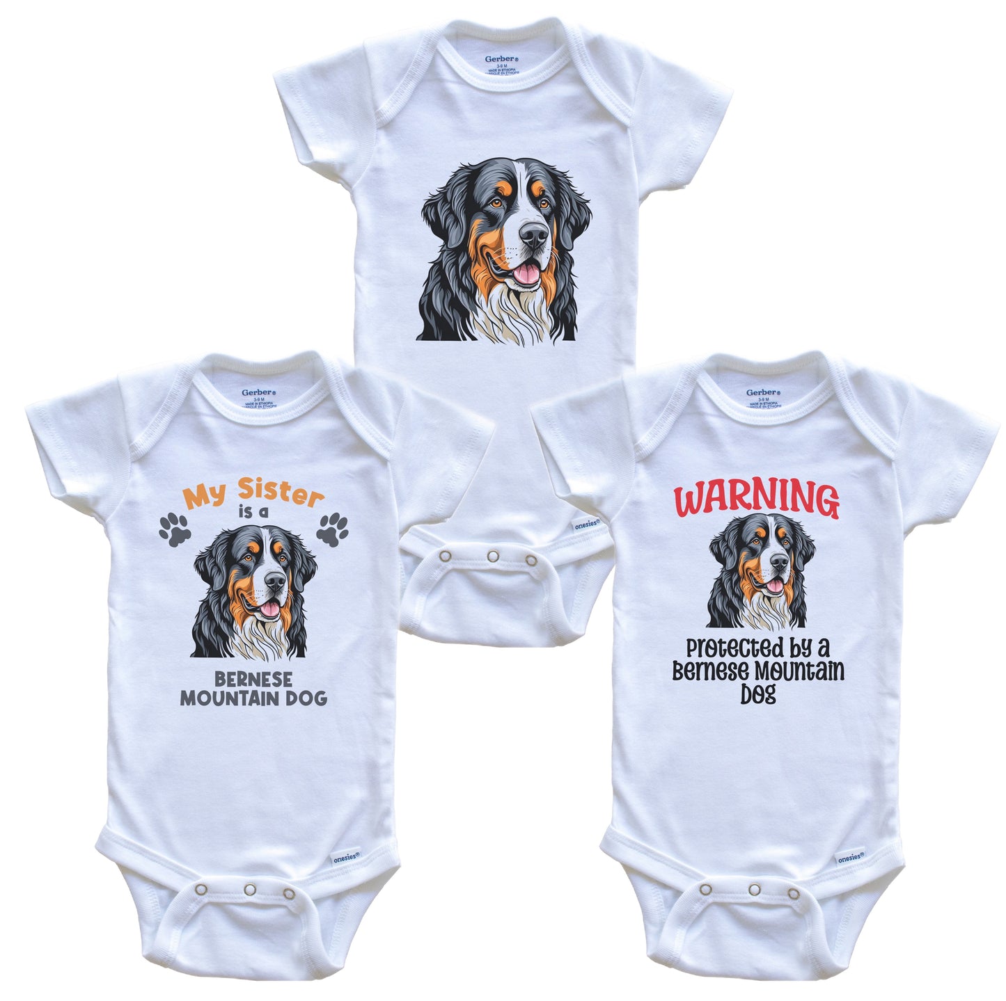 Sister is a Bernese Mountain Dog Funny Dog Breed Baby Bodysuit Bundle (3 Piece Set)