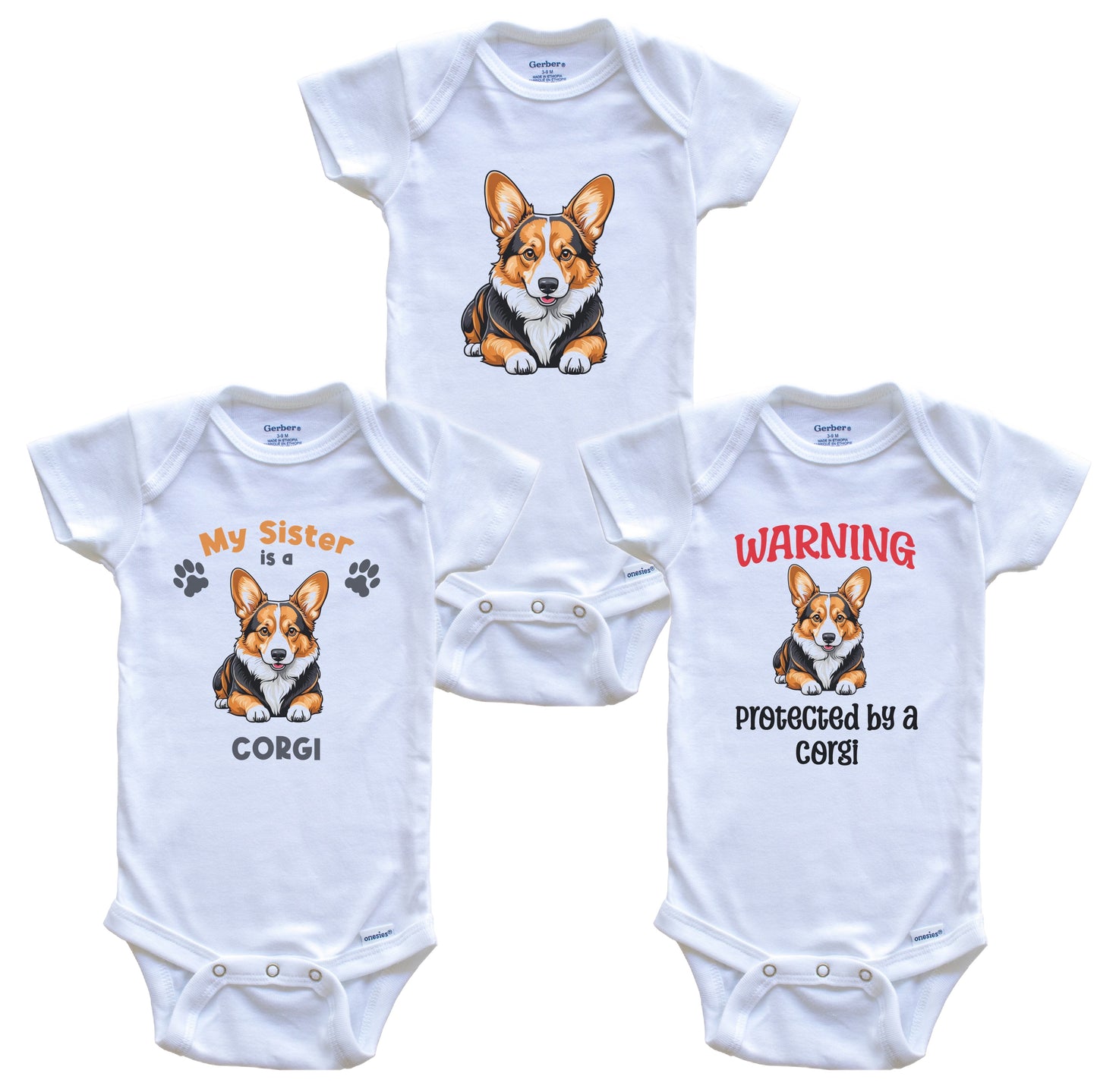 Sister is a Corgi Funny Dog Breed Baby Bodysuit Bundle (3 Piece Set)