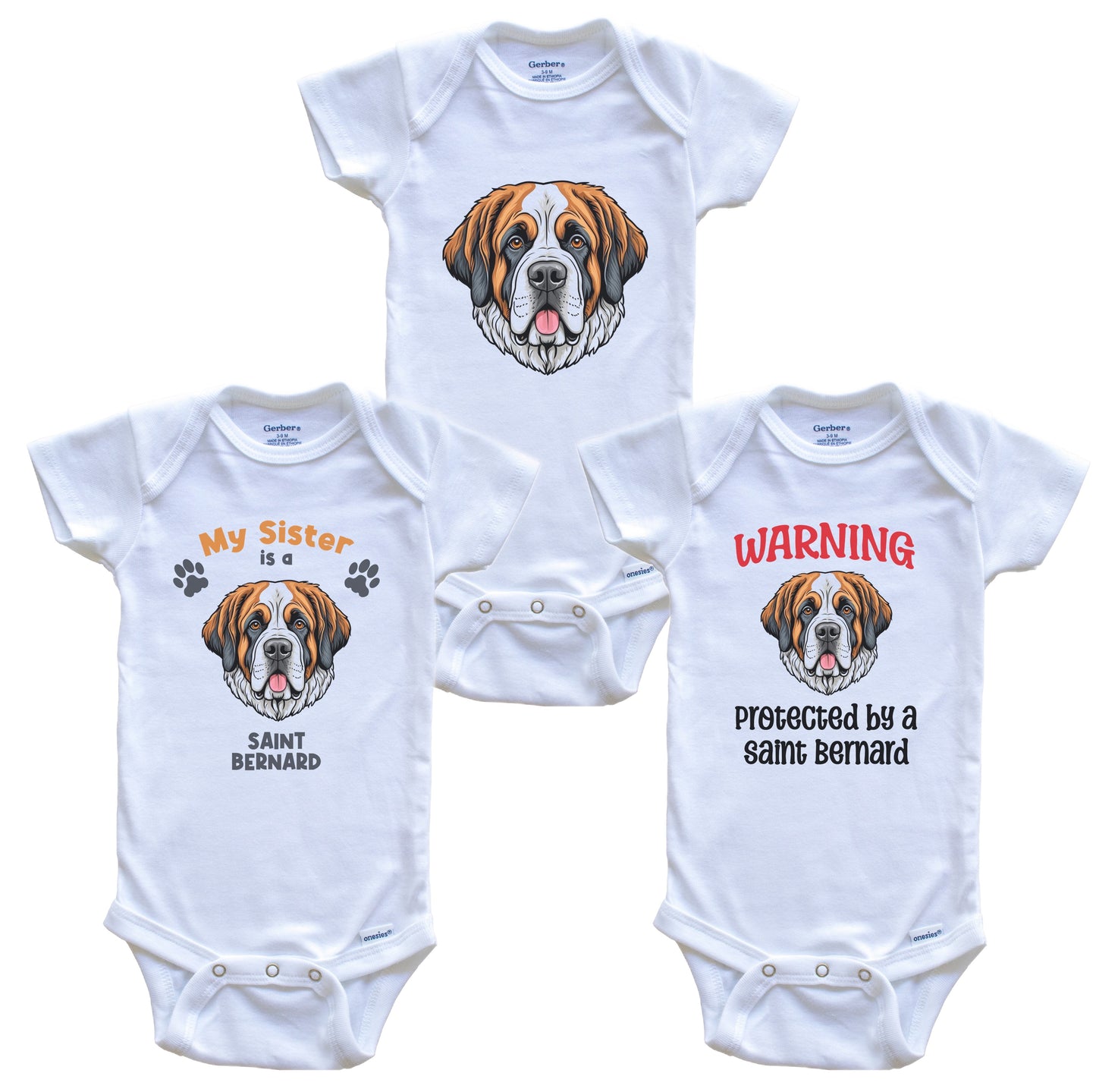 Sister is a Saint Bernard Funny Dog Breed Baby Bodysuit Bundle (3 Piece Set)
