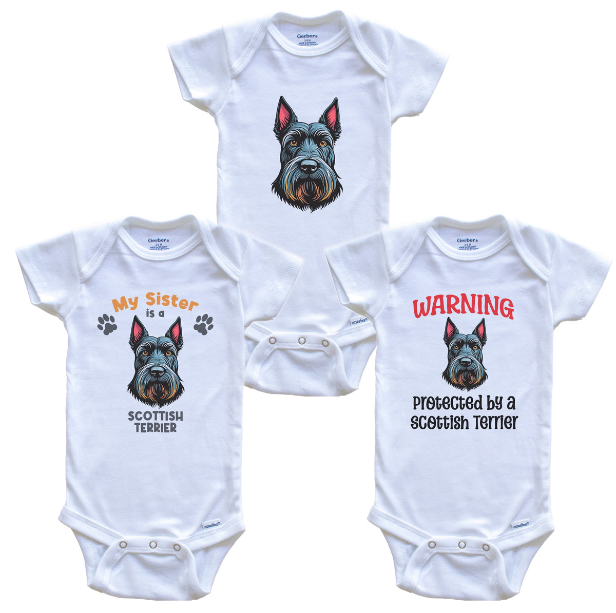 Sister is a Scottish Terrier Funny Dog Breed Baby Bodysuit Bundle (3 Piece Set)