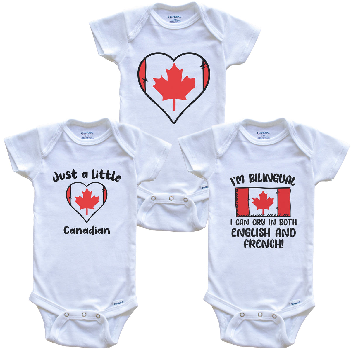 Canada Flag Cry in French Cute Canadian Baby Bodysuit Bundle (3 Piece Set)