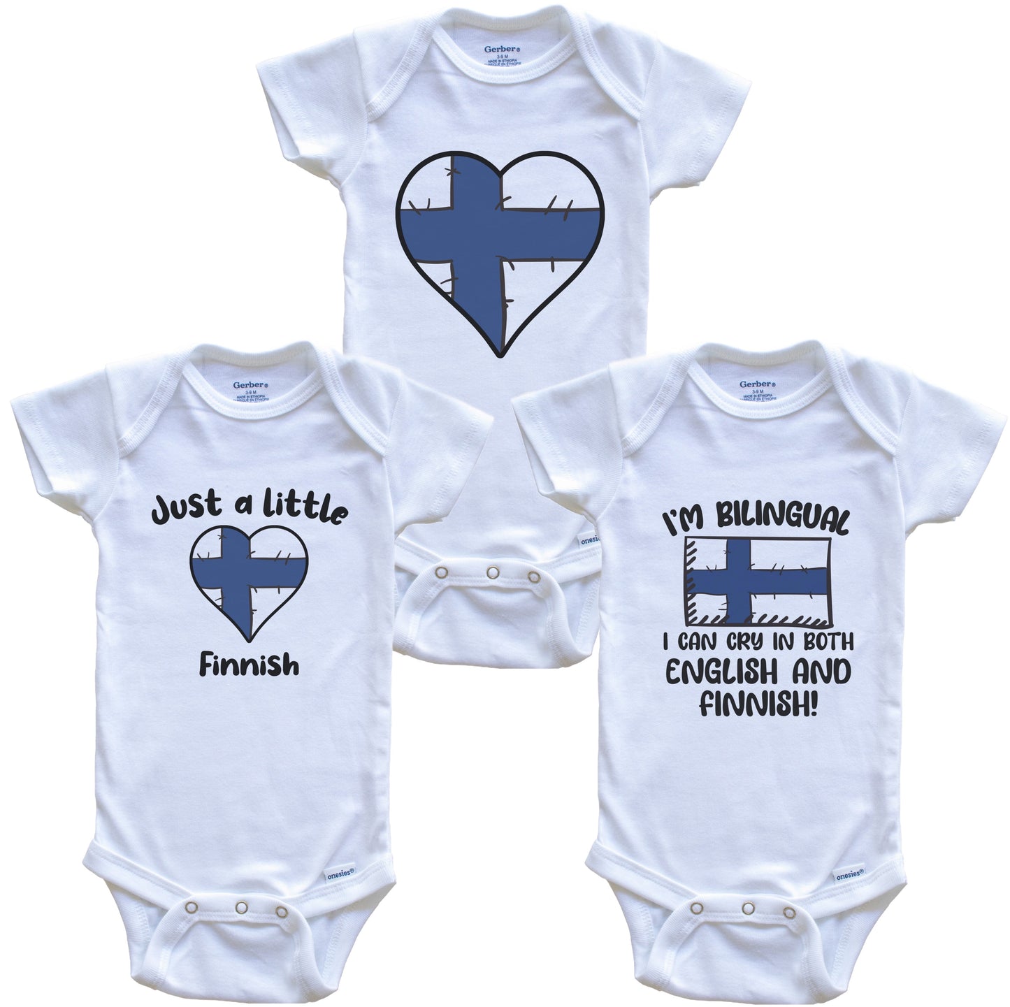 Finland Flag Cry in Finnish Cute Finnish Baby Bodysuit Bundle (3 Piece Set)