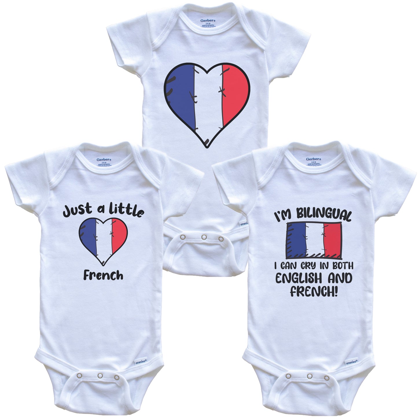 France Flag Cry in French Cute French Baby Bodysuit Bundle (3 Piece Set)