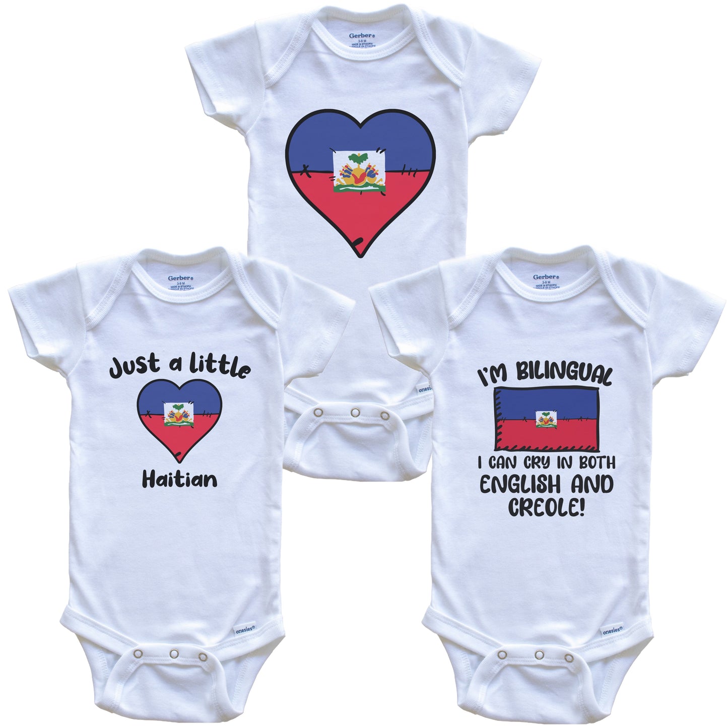 Haiti Flag Cry in Creole Cute Haitian Baby Bodysuit Bundle (3 Piece Set)