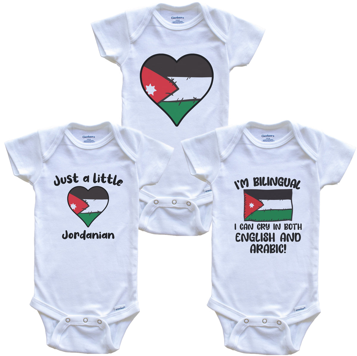 Jordan Flag Cry in Arabic Cute Jordanian Baby Bodysuit Bundle (3 Piece Set)
