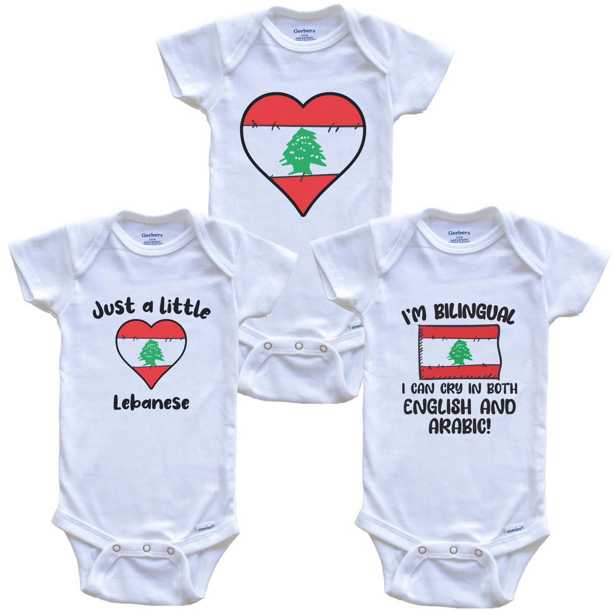 Lebanon Flag Cry in Arabic Cute Lebanese Baby Bodysuit Bundle (3 Piece Set)