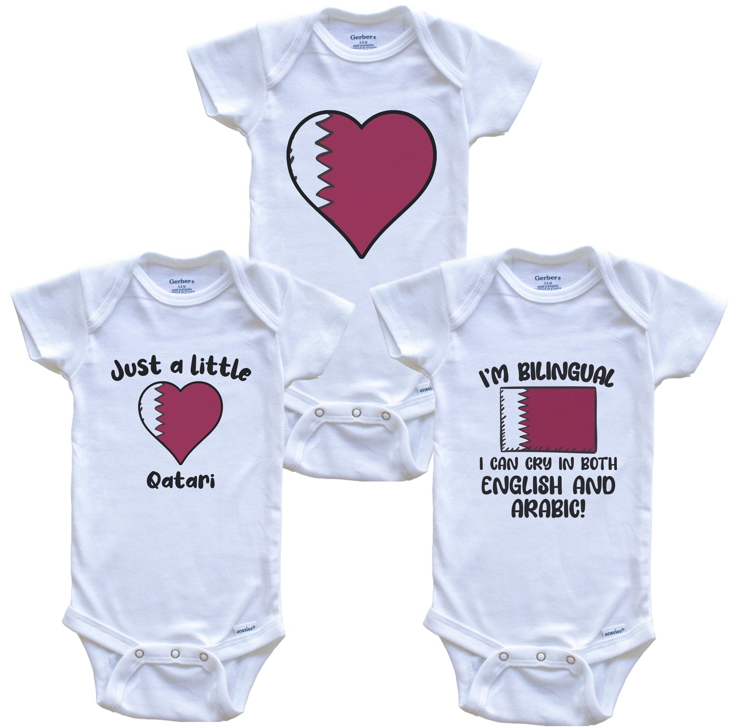 Qatar Flag Cry in Arabic Cute Qatari Baby Bodysuit Bundle (3 Piece Set)