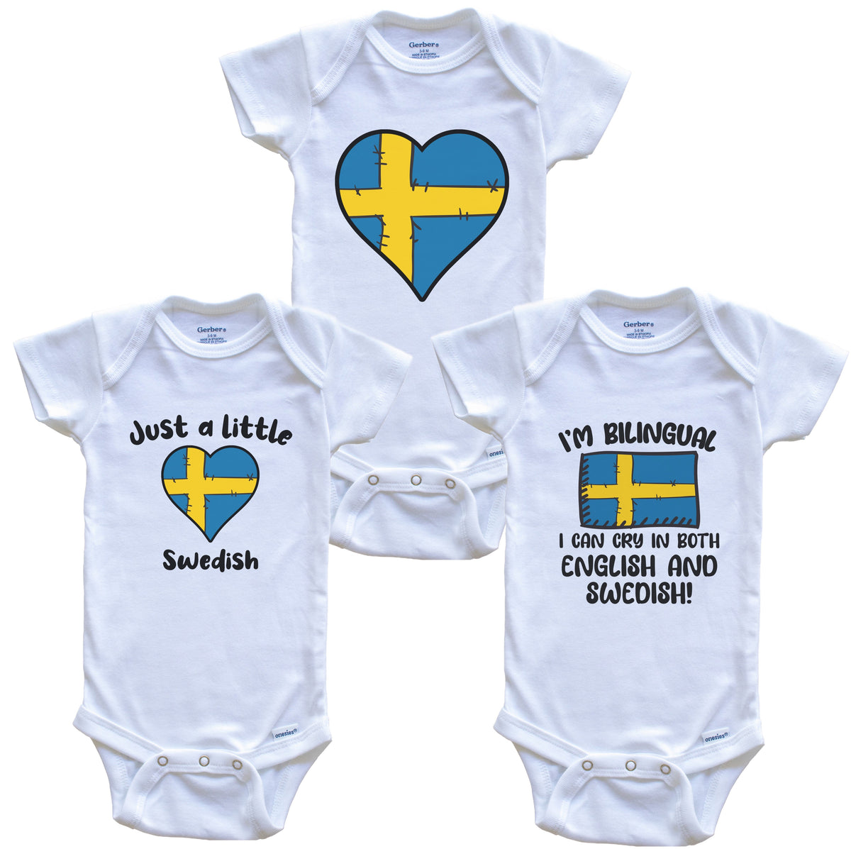 Sweden Flag Cry in Swedish Cute Swedish Baby Bodysuit Bundle (3 Piece Set)