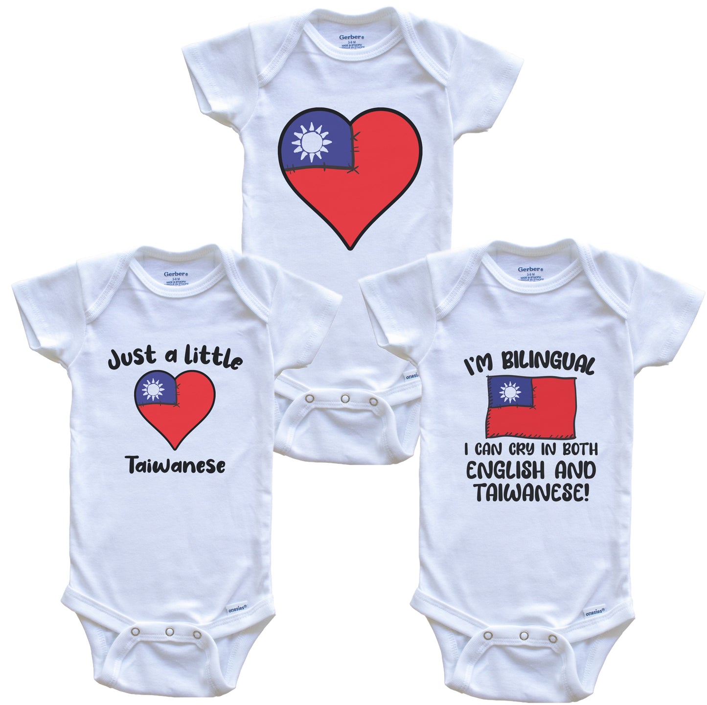 Taiwan Flag Cry in Taiwanese Cute Taiwanese Baby Bodysuit Bundle (3 Piece Set)
