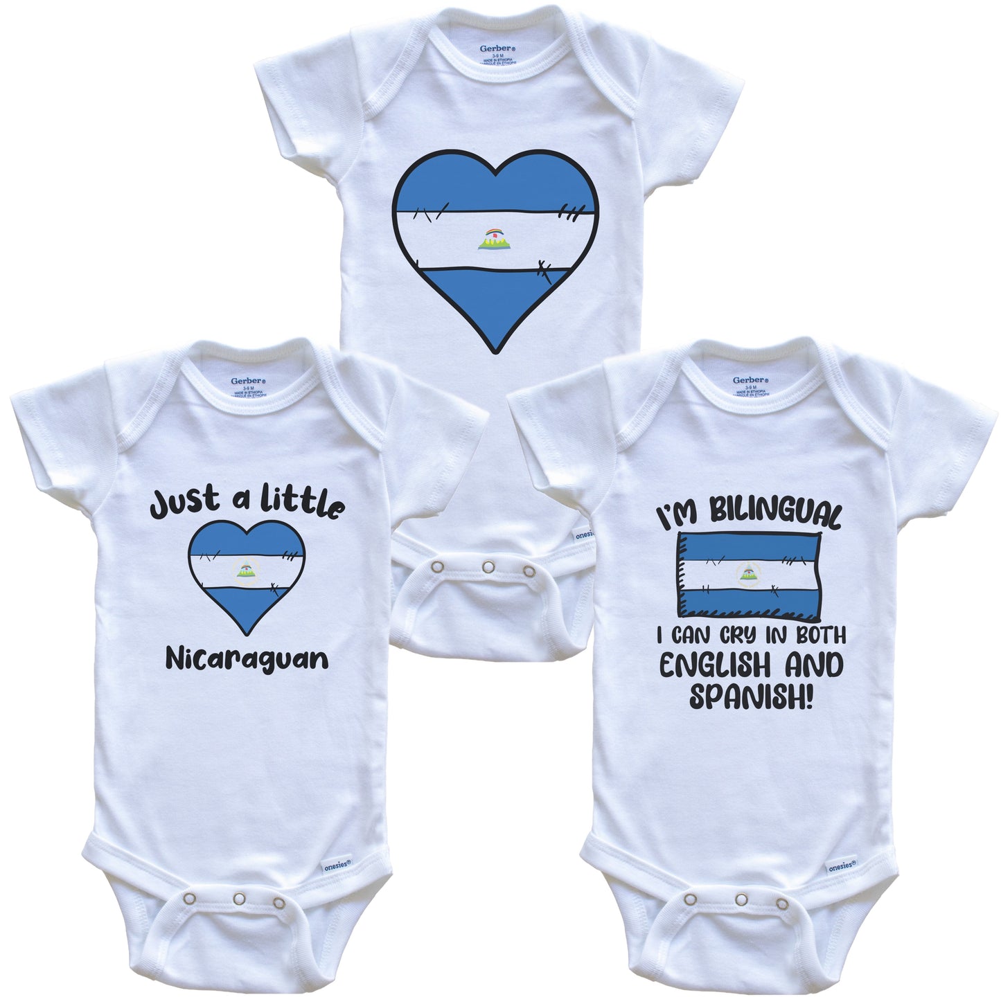 Nicaragua Flag Cry in Spanish Cute Nicaraguan Baby Bodysuit Bundle (3 Piece Set)