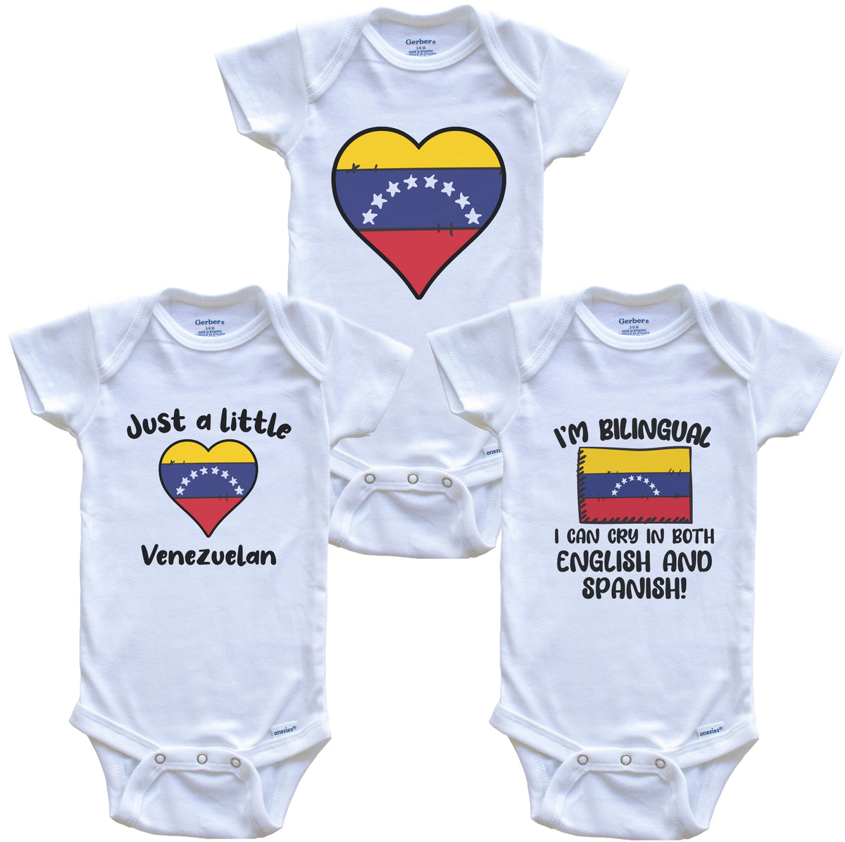 Venezuela Flag Cry in Spanish Cute Venezuelan Baby Bodysuit Bundle (3 Piece Set)