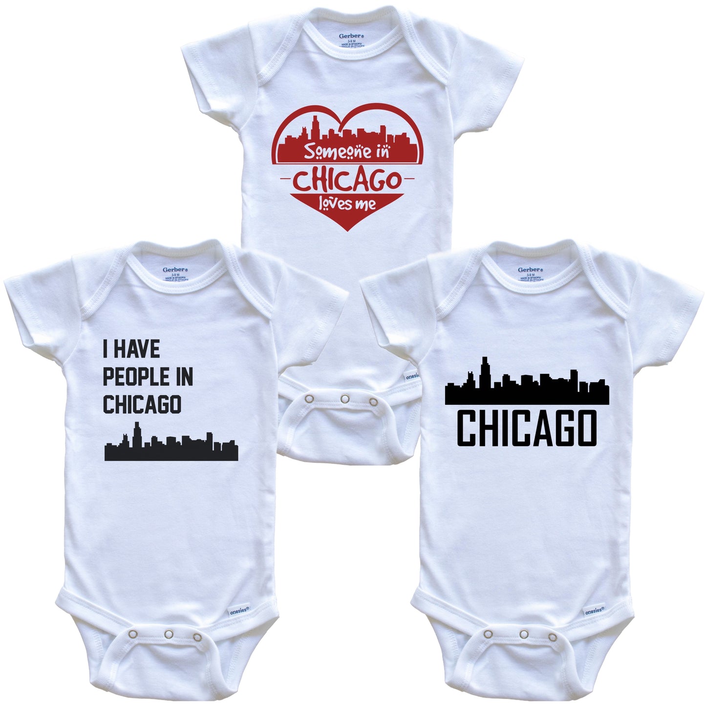 Chicago Illinois Skyline Baby Bodysuit Bundle (3 Piece Set)