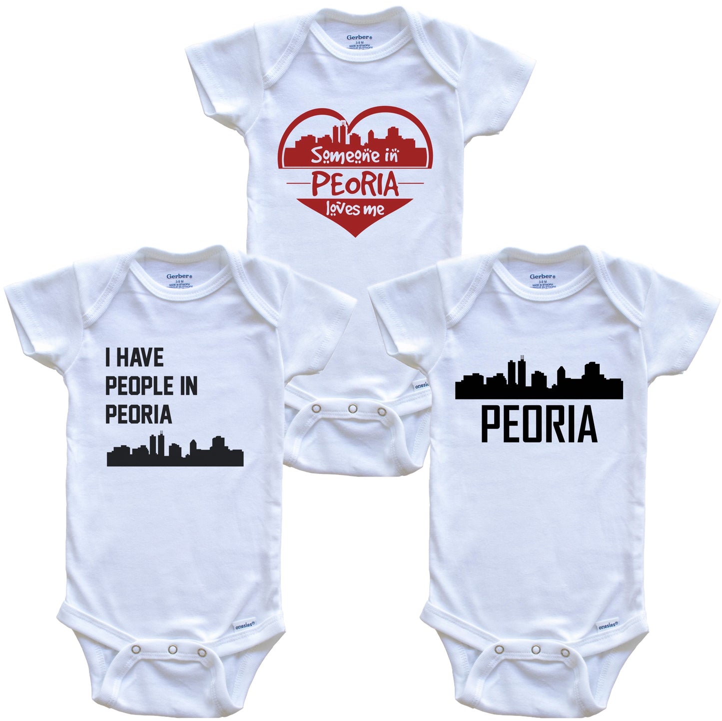 Peoria Illinois Skyline Baby Bodysuit Bundle (3 Piece Set)