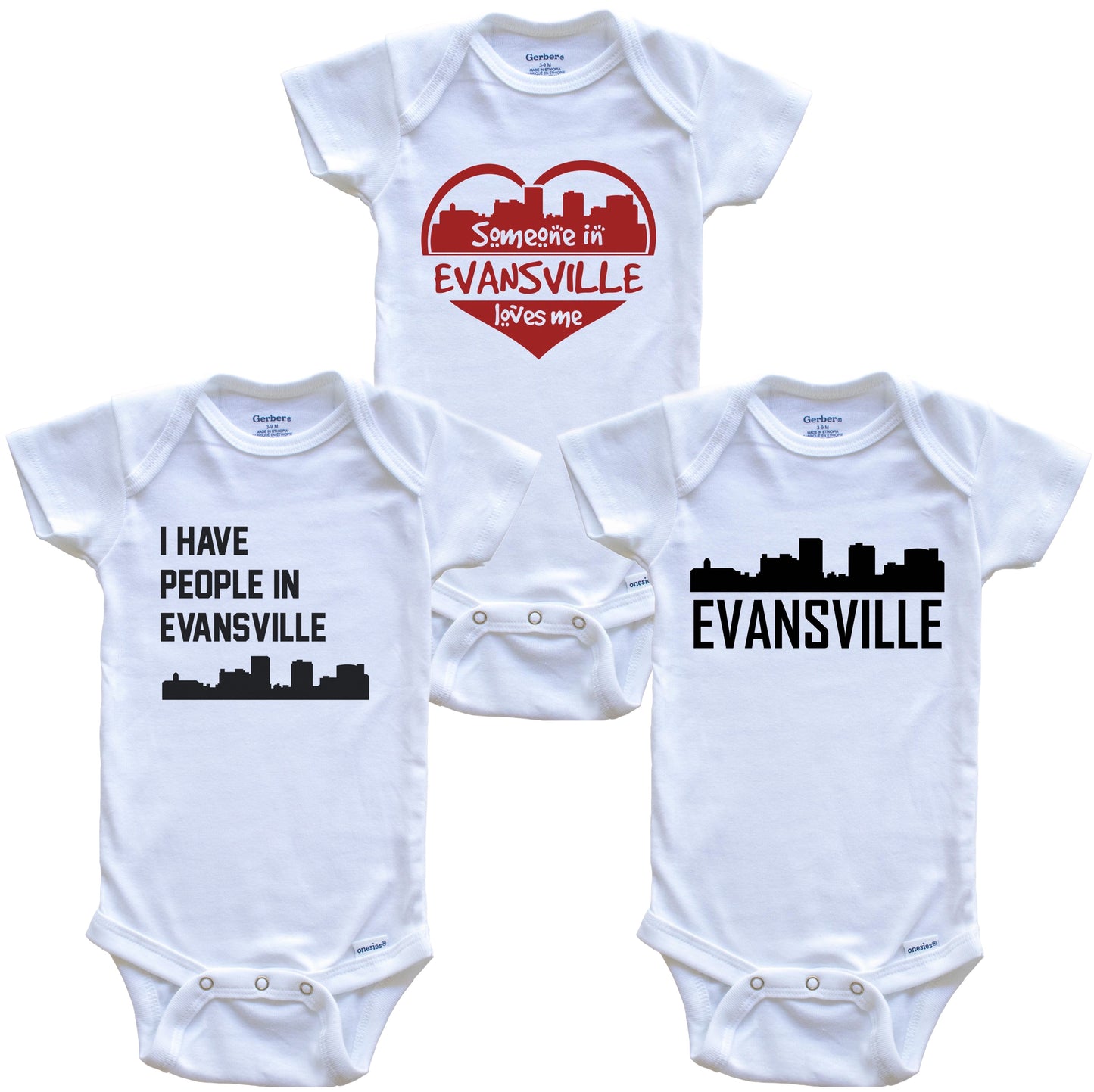 Evansville Indiana Skyline Baby Bodysuit Bundle (3 Piece Set)