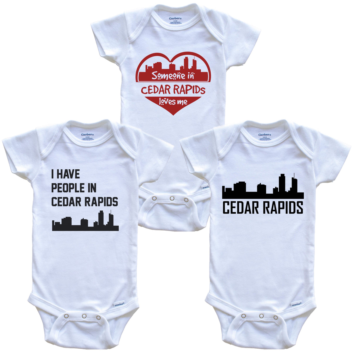 Cedar Rapids Iowa Skyline Baby Bodysuit Bundle (3 Piece Set)