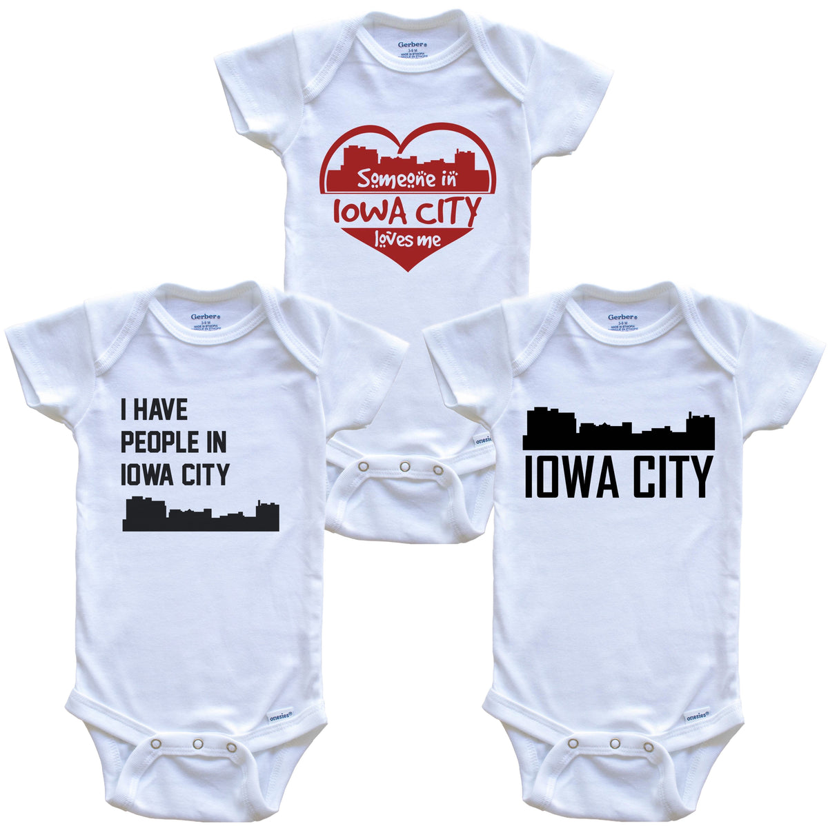 Iowa City Iowa Skyline Baby Bodysuit Bundle (3 Piece Set)