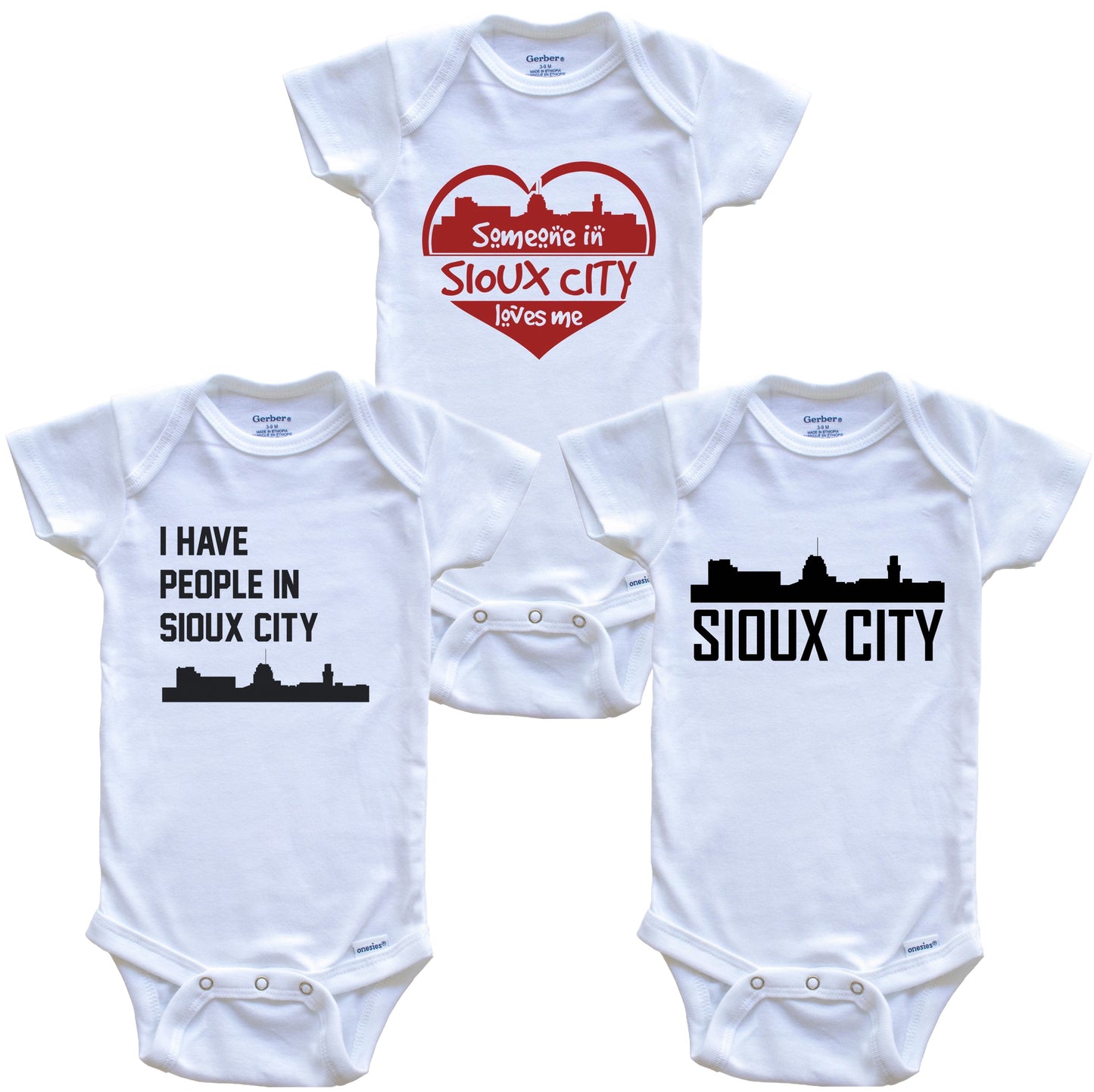 Sioux City Iowa Skyline Baby Bodysuit Bundle (3 Piece Set)