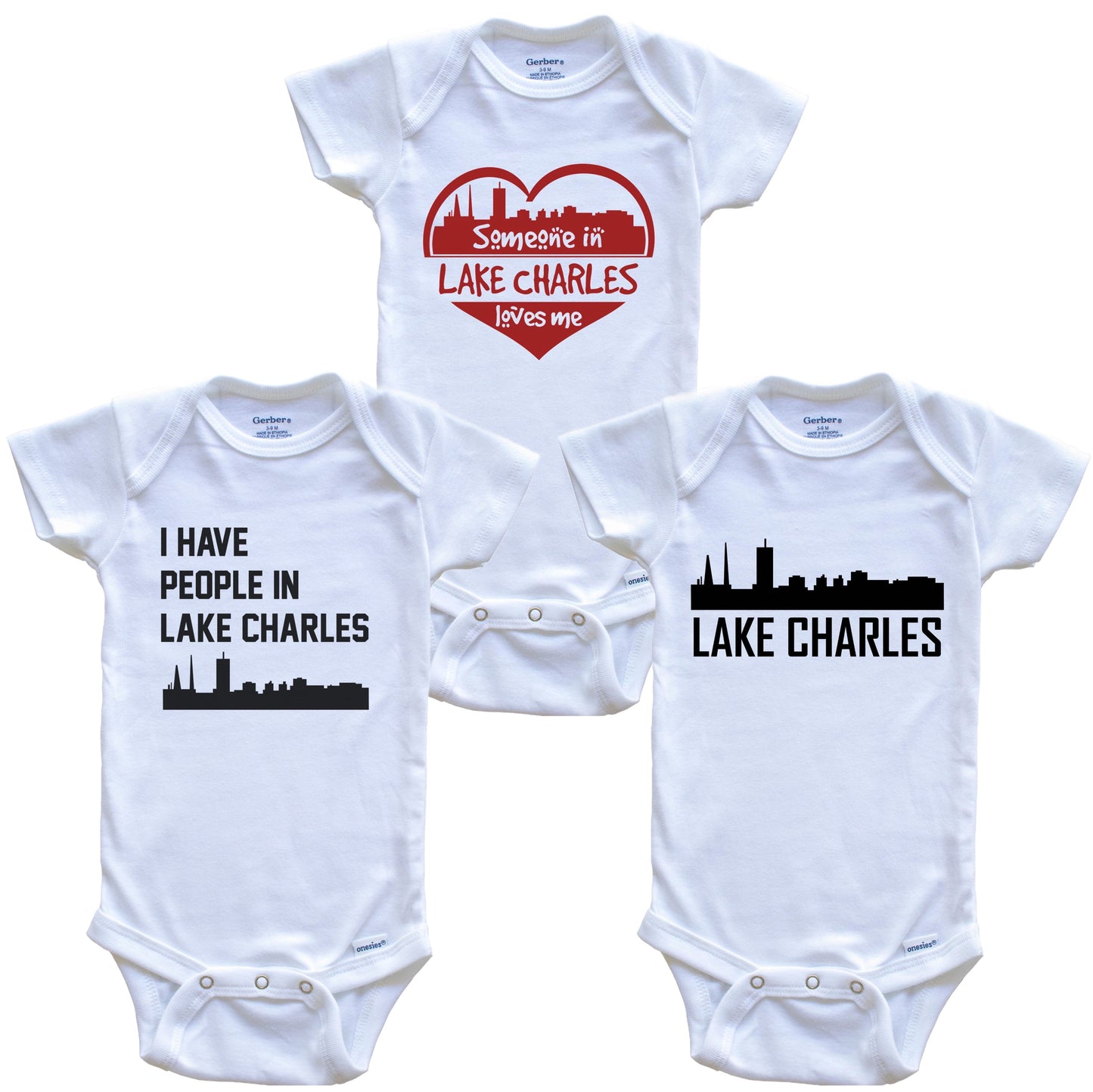 Lake Charles Louisiana Skyline Baby Bodysuit Bundle (3 Piece Set)