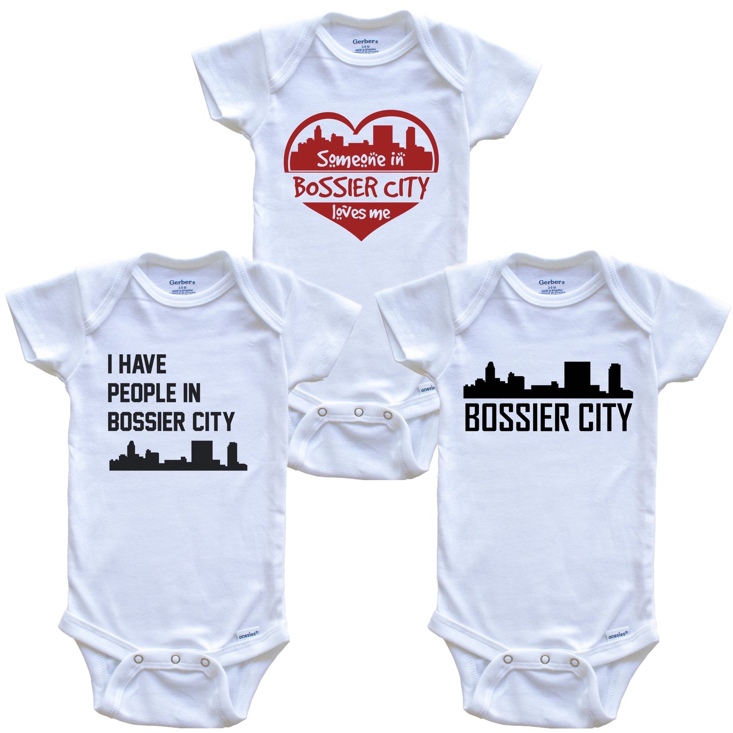 Bossier City Louisiana Skyline Baby Bodysuit Bundle (3 Piece Set)