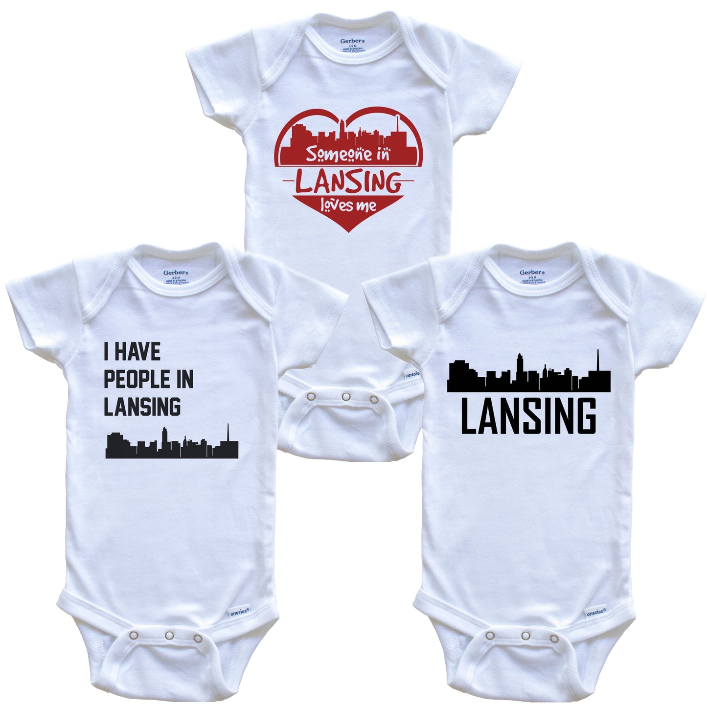 Lansing Michigan Skyline Baby Bodysuit Bundle (3 Piece Set)