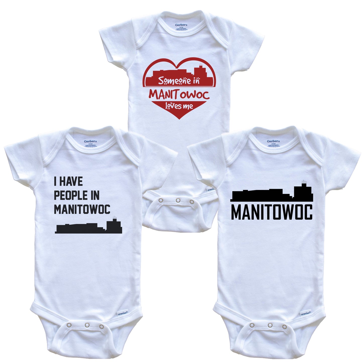 Manitowoc Wisconsin Skyline Baby Bodysuit Bundle (3 Piece Set)