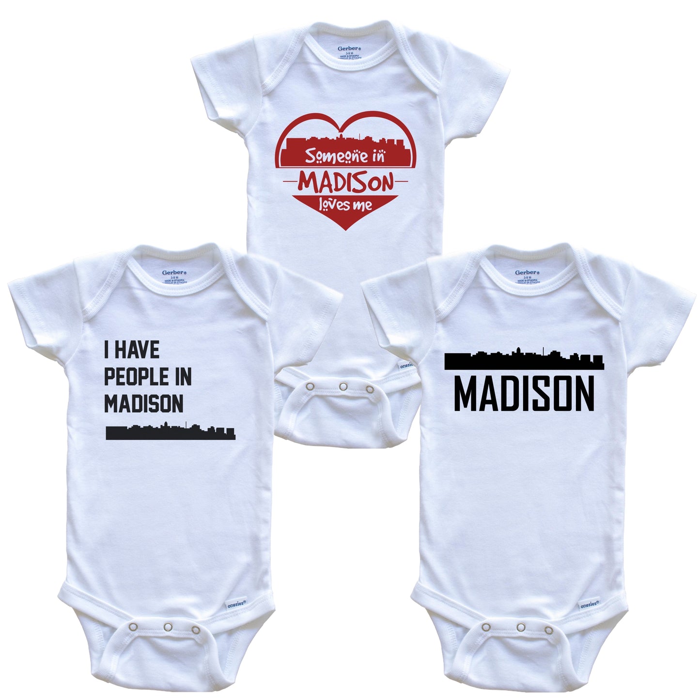 Madison Wisconsin Skyline Baby Bodysuit Bundle (3 Piece Set)