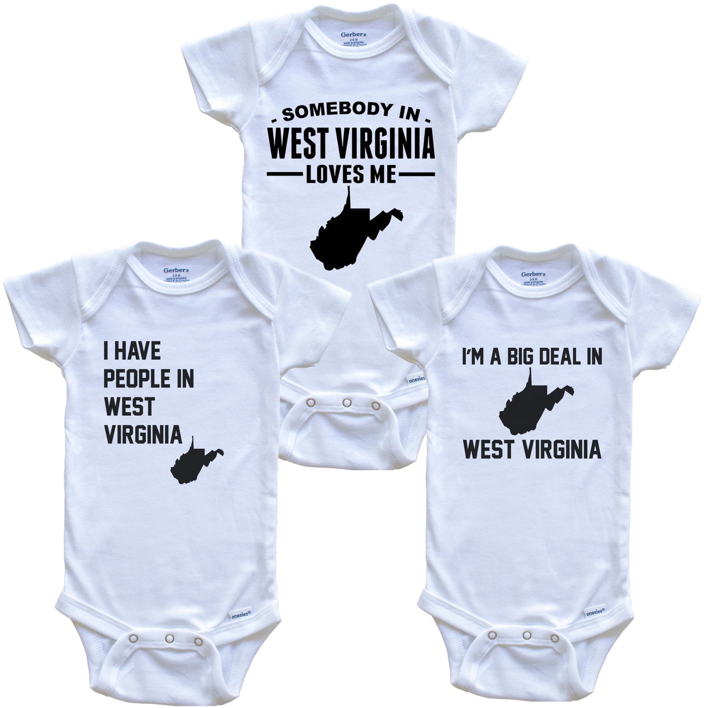 Somebody in West Virginia Loves Me Baby Bodysuit Bundle (3 Piece Gift Set)