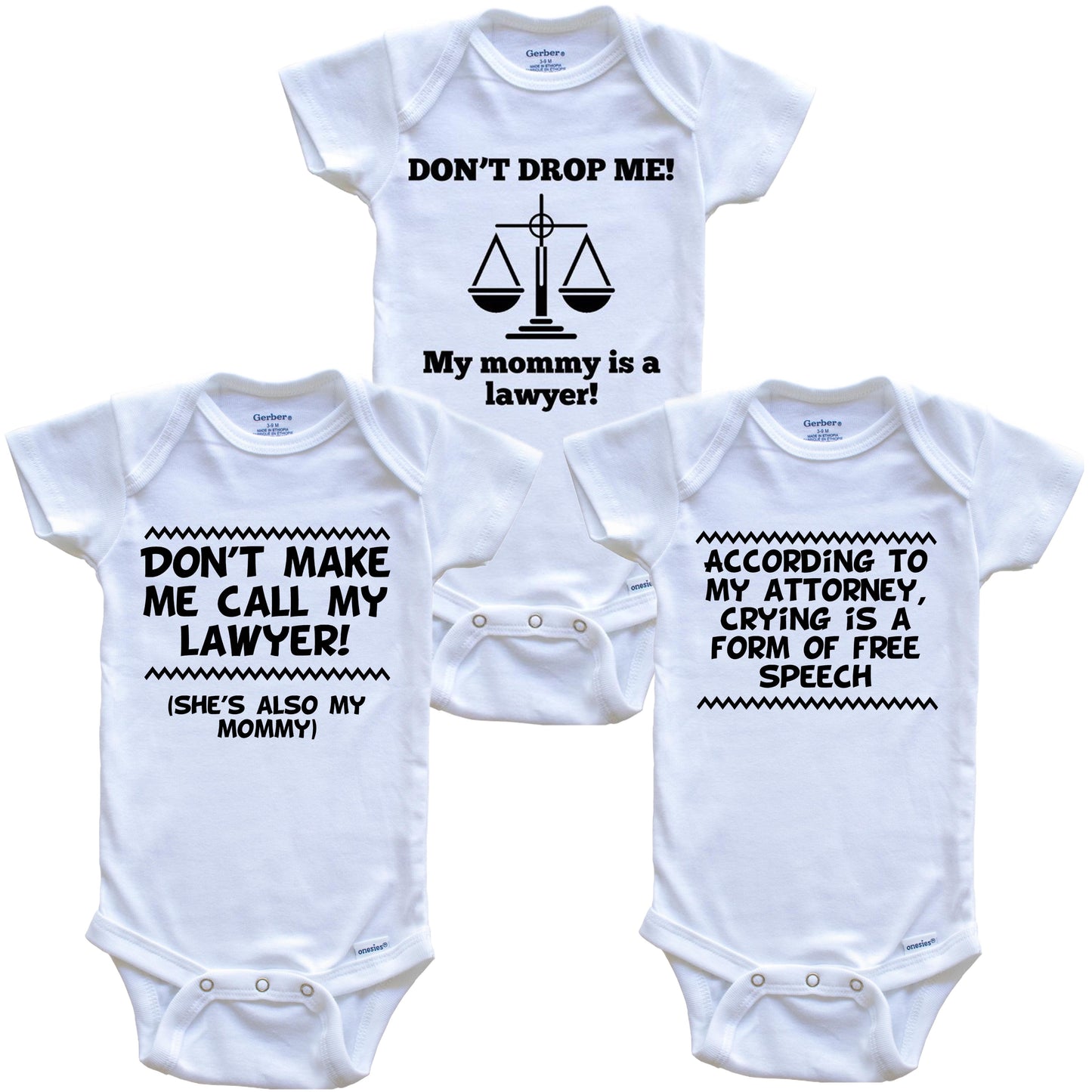 Mommy Is A Lawyer Funny Baby Bodysuit Bundle (3 Piece Gift Set)