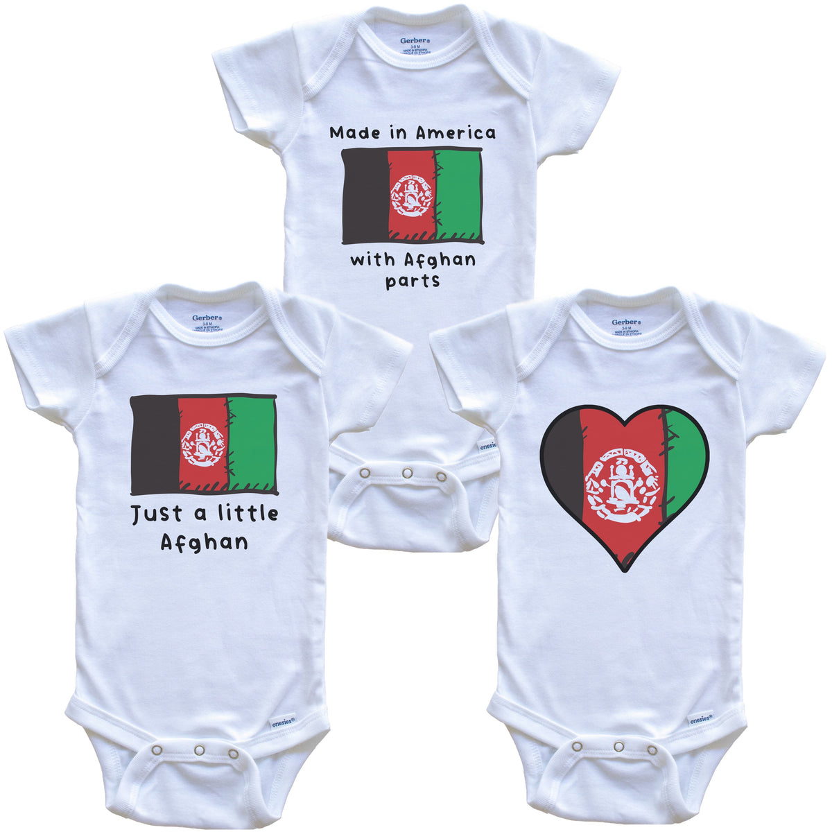 Made in America with Afghan Parts Funny Afghanistan Flag Baby Bodysuit Bundle (3 Piece Gift Set)